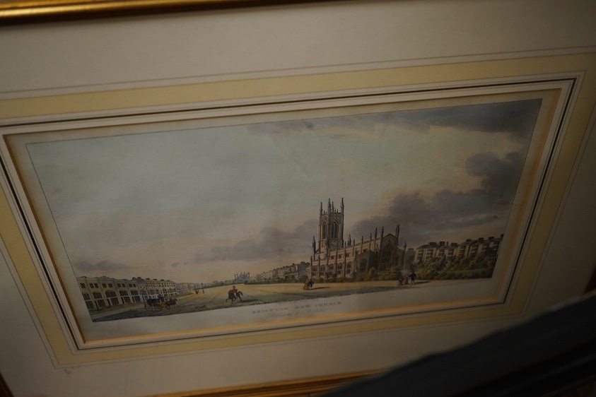 Four 19th century Brighton interest prints and engravings to include: after Joseph Mallord William Turner, ‘Brighton Chain Pier’ and after Gatwick, ‘Pavilion, Statue of the King’, largest 20 x 31cm